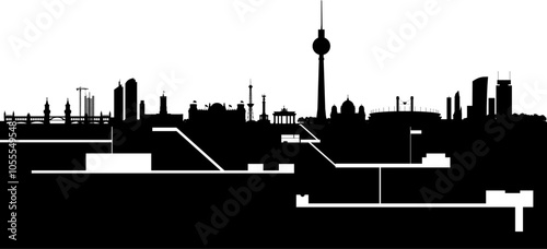 Vektor Silhouetten Skyline Berlin mit Unterwelt - Geheime Tunnel Bunker und Schächte unter der Hauptstadt