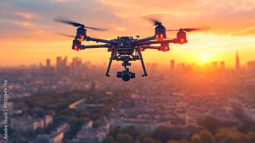 Drone Flying Over Cityscape at Sunset Drone Flying Over Cityscape at Sunset