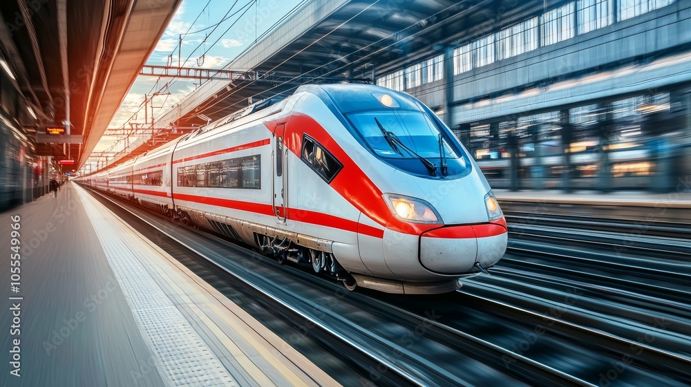 Fototapeta premium High-Speed Train Passing Through Modern Station