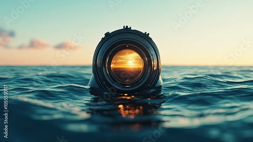 Submarine periscope breaking through the surface of the calm ocean, scanning the horizon.