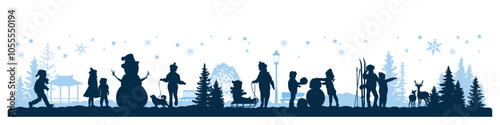 Merry Christmas. Winter panorama. Family silhouettes, children playing winter games outdoor.   Vector illustration.	
