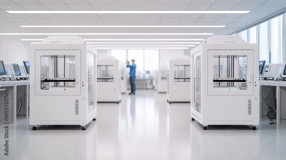 High tech 3D printing lab with advanced printers and workspace High tech 3D printing lab with advanced printers and workspace