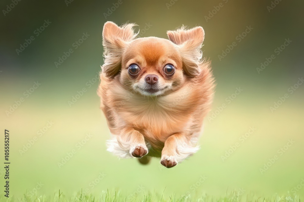 Chihuahua leaping joyfully across grass Chihuahua leaping joyfully across grass