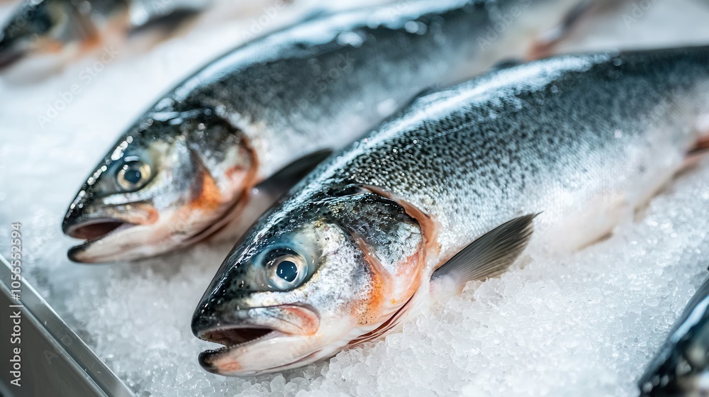 Fresh fish displayed on ice, showcasing vibrant colors and textures Fresh fish displayed on ice, showcasing vibrant colors and textures