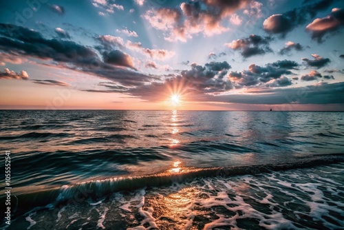 Surreal Sunset Over Shimmering Sea: Emptiness and Beauty in Nature's Splendor photo