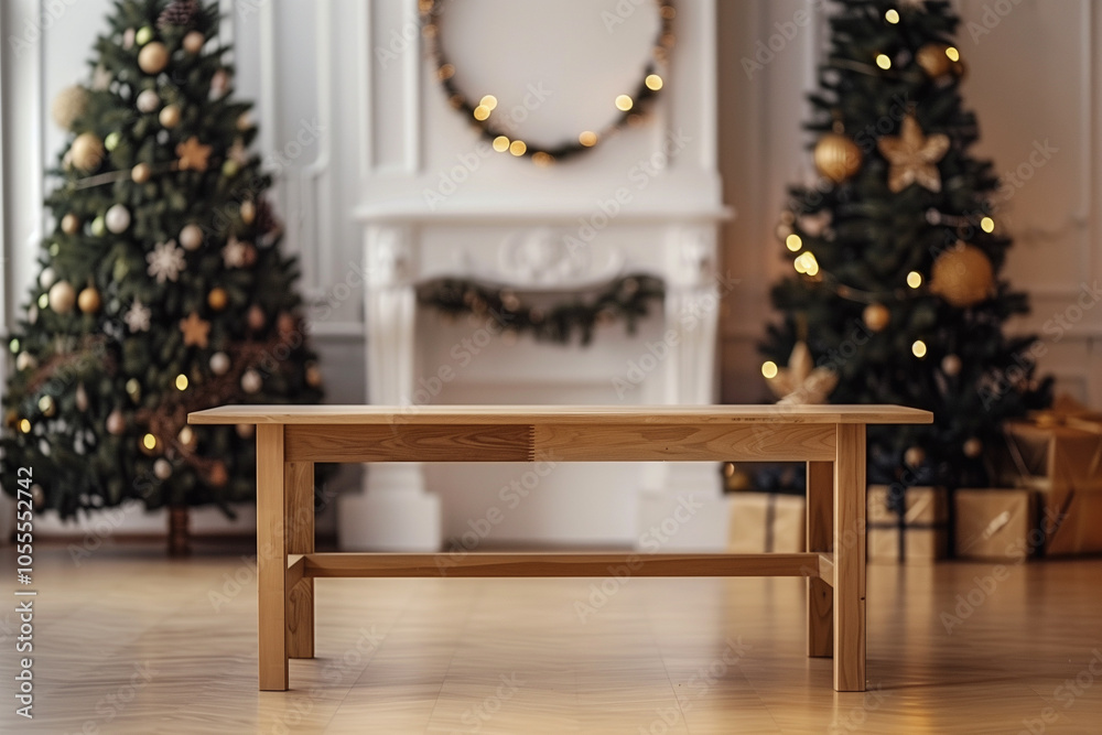 Cozy scene with empty table in front of a beautifully decorated christmas tree Cozy scene with empty table in front of a beautifully decorated christmas tree
