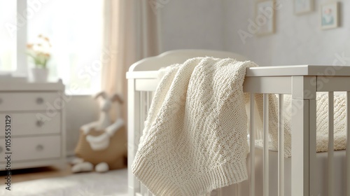 Cozy baby blanket draped over crib, soft colors, 3D illustration photo