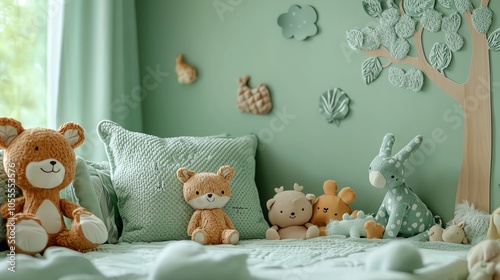 Forestthemed nursery with soft green walls, tree decals, and woodland animal plush toys, cozy and calming, wide shot photo