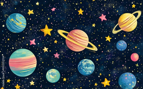 Cosmic cartoon universe with abstract planets, twinkling stars, and deep space hues in an eyecatching, colorful wallpaper design photo