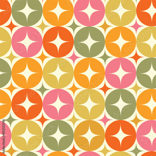 Mid century modern retro starburst on colorful circles in yellow, green, red and orange seamless pattern. For textile, home décor and fabric