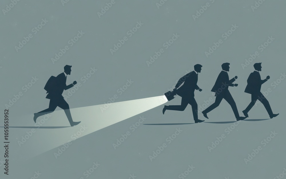 A flat vector of business people running toward the beam of light from a flashlight, side view on a grey background. A flat vector of business people running toward the beam of light from a flashlight, side view on a grey background.