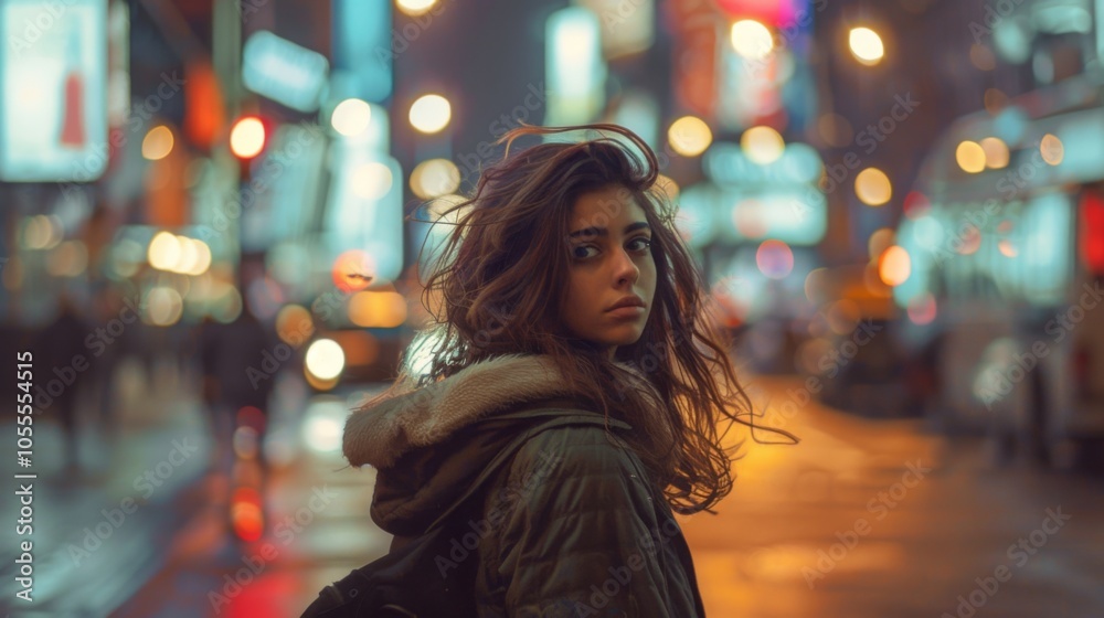A young woman with messy hair stands on a busy city street at night, surrounded by glowing neon signs and bokeh lights, capturing a moment of solitude and contemplation.