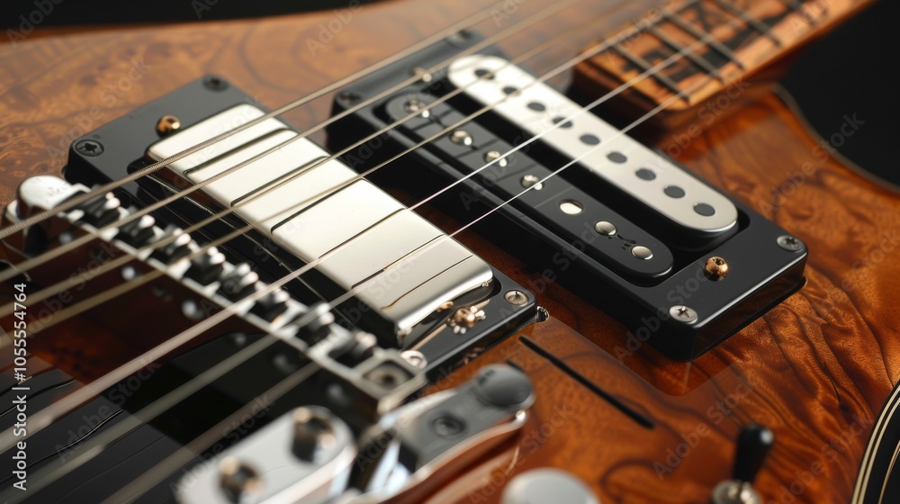 A detailed close-up of electric guitar strings and pickups, showcasing intricate craftsmanship, modern design, and vibrant wood patterns. Ideal for music enthusiasts. A detailed close-up of electric guitar strings and pickups, showcasing intricate craftsmanship, modern design, and vibrant wood patterns. Ideal for music enthusiasts.