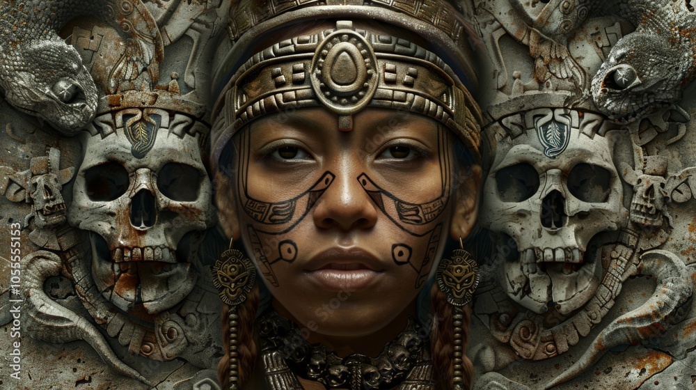 A depiction of an ancient warrior adorned in traditional attire, framed by elaborate stone carvings featuring skulls and serpents, symbolizing power and mysticism. A depiction of an ancient warrior adorned in traditional attire, framed by elaborate stone carvings featuring skulls and serpents, symbolizing power and mysticism.