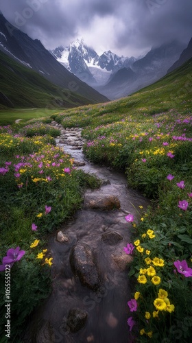 Waterfalls at Valley of Flowers, Nanda Devi biosphere national park. It is a beautiful Trek in Uttarakhand. Amazing landscape, mountains, hills, foggy, misty, rain, monsoons, colorful flowers photo