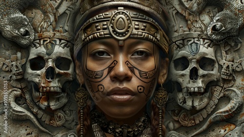A depiction of an ancient warrior adorned in traditional attire, framed by elaborate stone carvings featuring skulls and serpents, symbolizing power and mysticism.