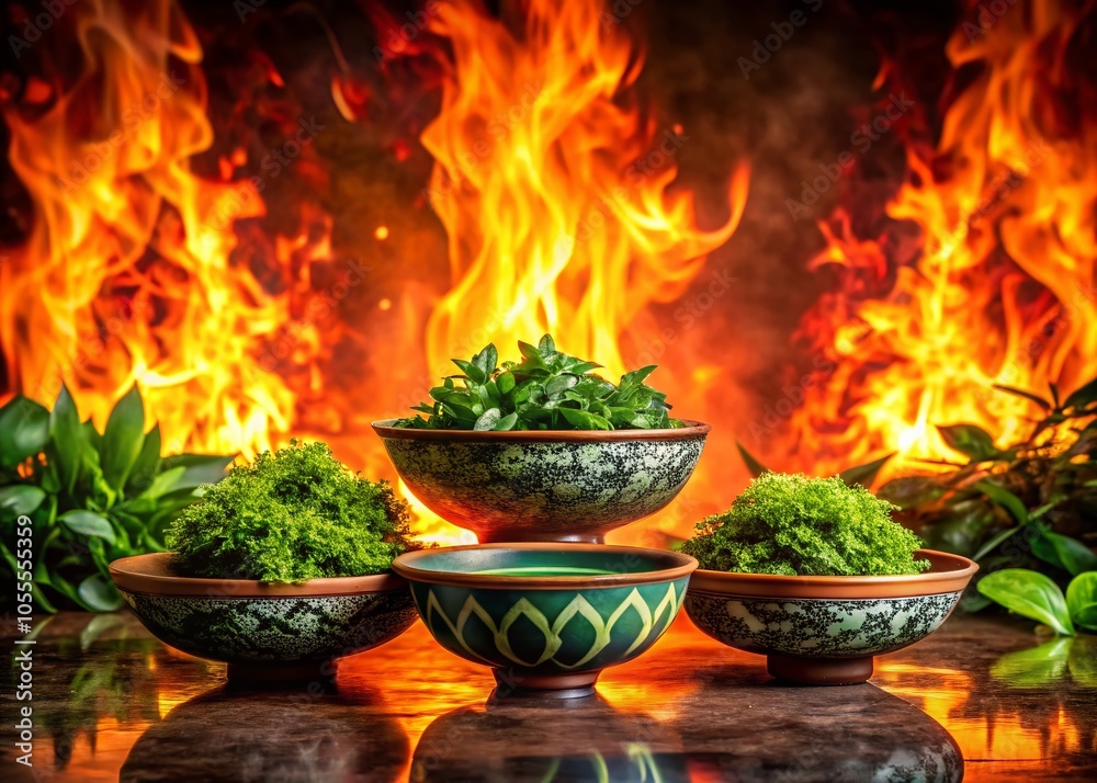 Three Ornate Bowls of Greenery Against a Fiery Background | Urban Exploration Photography Three Ornate Bowls of Greenery Against a Fiery Background | Urban Exploration Photography