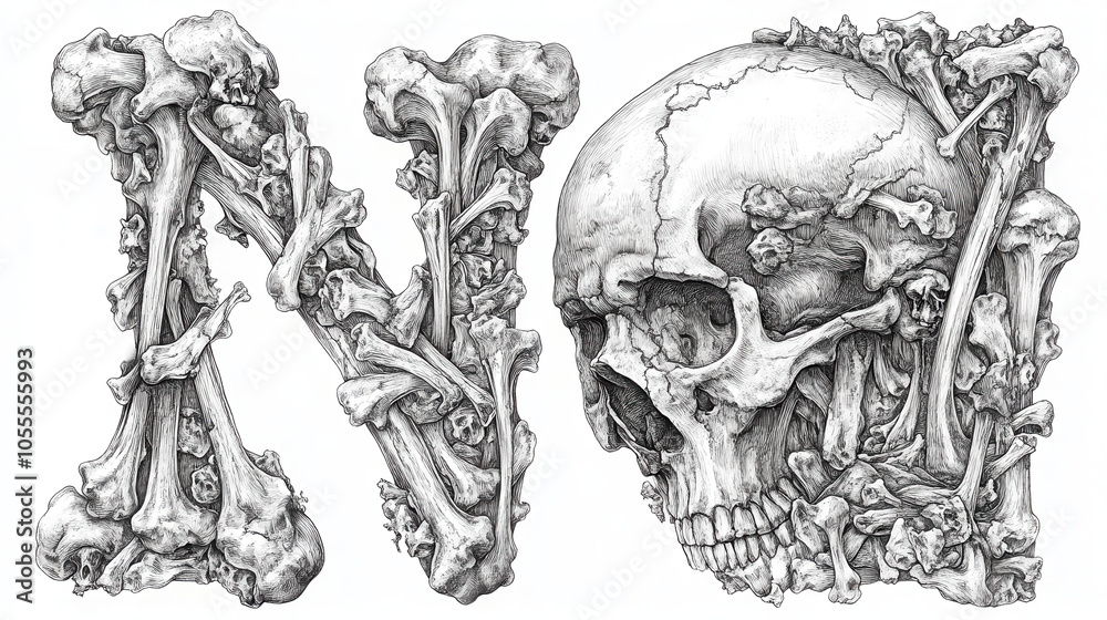 Fototapeta premium Intricate bone letter n with skull design in vintage sketch style for creative typography