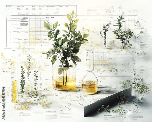 Detailed illustration of a biology laboratory showcasing plant specimens and environmental studies, featuring DNA strands and biochemistry structures on a white background photo