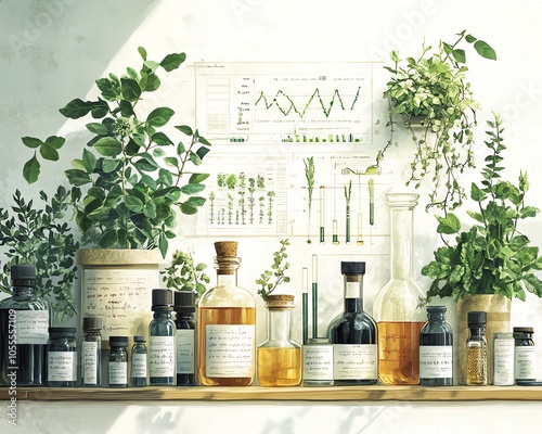 Detailed illustration of a biology laboratory showcasing plant specimens and environmental studies, featuring DNA strands and biochemistry structures on a white background photo