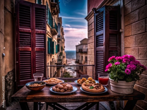 Traditional Maltese Balconies in Valletta with Local Cuisine and Colorful Details for Food Photography photo