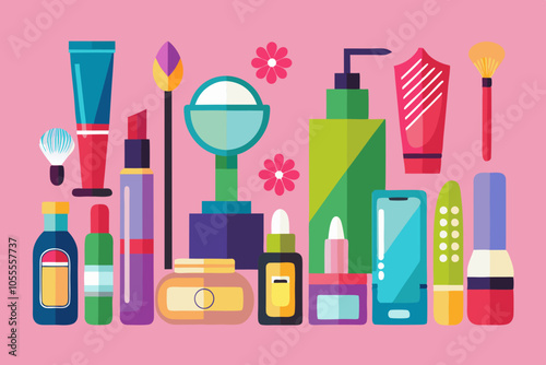  A set of beauty products for girls vector art illustration