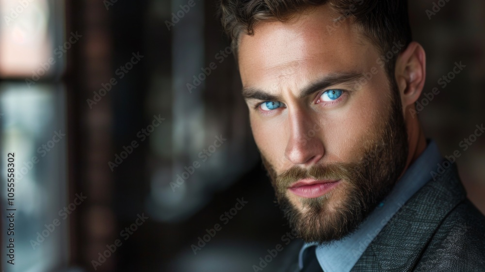 A confident man with a full beard and blue eyes wearing a suit, gazing intensely. The ambient lighting highlights his facial features, creating a striking portrait. A confident man with a full beard and blue eyes wearing a suit, gazing intensely. The ambient lighting highlights his facial features, creating a striking portrait.