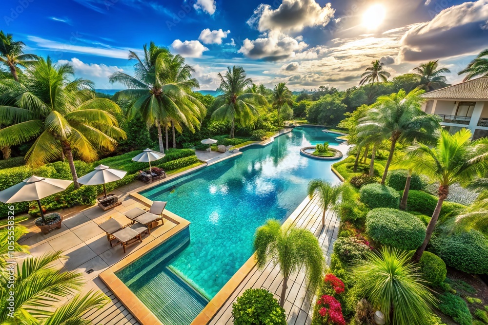 Fototapeta premium Tranquil Resort Pool Surrounded by Lush Greenery Under a Sunny Sky – Perfect for Relaxation and Escape