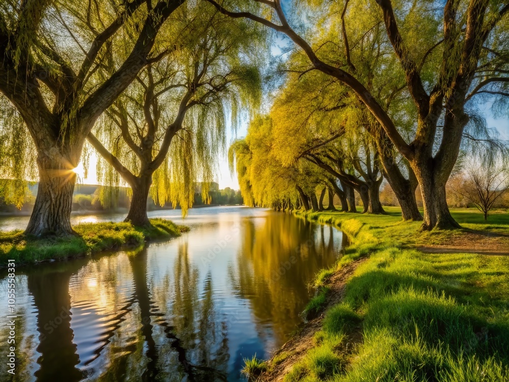 Tranquil Riverbank with Willows Swaying in the Breeze - Serene Nature Scene for Relaxation and Peaceful Landscapes Tranquil Riverbank with Willows Swaying in the Breeze - Serene Nature Scene for Relaxation and Peaceful Landscapes
