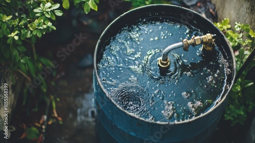 A top-down view of a rain barrel collecting water, with a spigot attached. The focus is on the barrel's design and features.