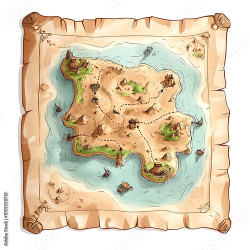 Cartoon treasure map with dotted lines in comic style on a white background. photo