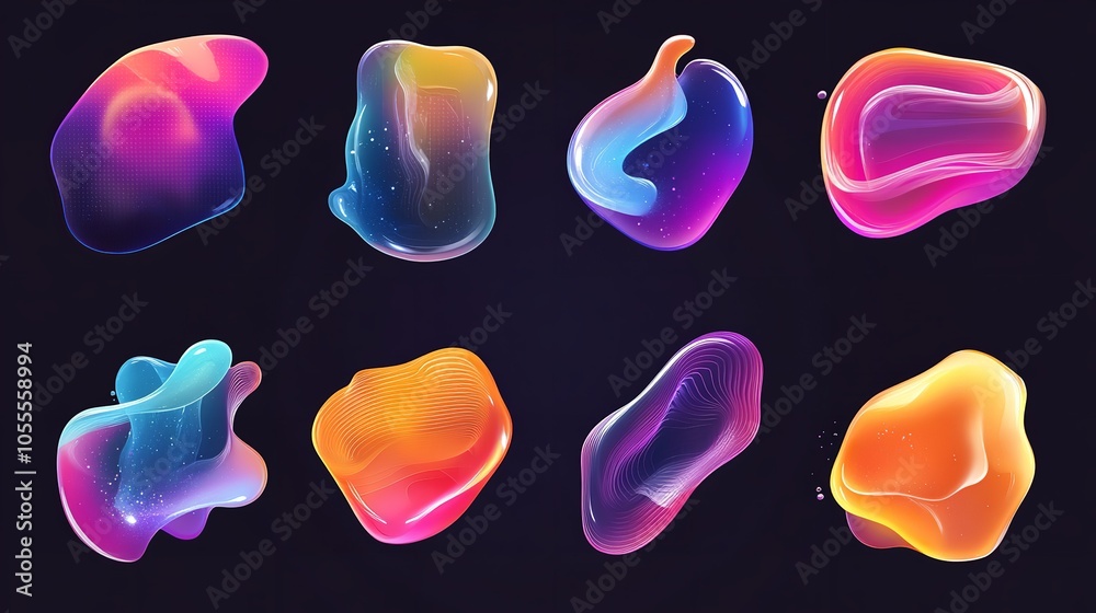 Metallic neon fluid shapes Isolated on transparent background, png