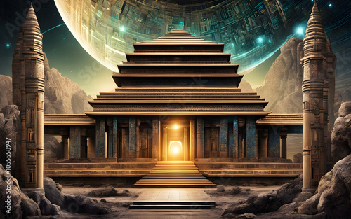 Mystical ancient temple entwined with digital circuits