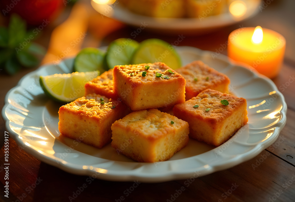 Fried tofu cubes on a plate with candles in the background. Warm and cozy dining experience. Fried tofu cubes on a plate with candles in the background. Warm and cozy dining experience.
