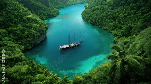 Scenic view of a traditional sailing ship in a vivid blue lagoon surrounded by lush green tropical forests and mountains, showcasing a tranquil nautical and natural environment.