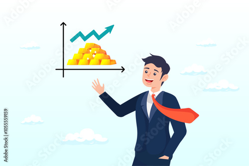 Businessman investor with gold bullion rising up graph and chart, gold investment, ingot or bullion price rising up, price gain or trading gold to make profit, financial or value increase concept