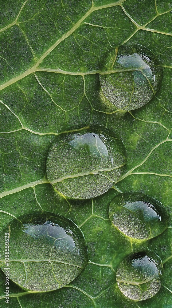 Fototapeta premium A high-definition macro photograph of crystal-clear water droplets delicately perched on the surface of a vibrant green leaf after a fresh rain.