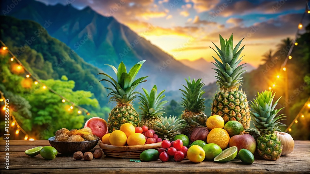 Tropical Paradise Still Life with Abundant Fruits and Majestic Mountain Landscape Tropical Paradise Still Life with Abundant Fruits and Majestic Mountain Landscape