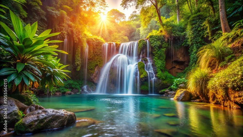 Tropical Waterfall in Lush Vegetation - Exotic Nature Photography for Serenity and Beauty Tropical Waterfall in Lush Vegetation - Exotic Nature Photography for Serenity and Beauty