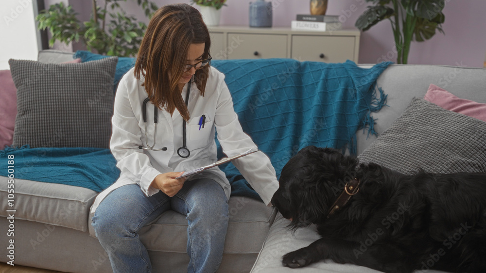 A young hispanic woman, possibly a veterinarian, sits in a living room while interacting with a labrador dog on the couch. A young hispanic woman, possibly a veterinarian, sits in a living room while interacting with a labrador dog on the couch.