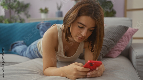 A young hispanic woman with brunette hair lies on a sofa using her smartphone in a cozy living room setting, surrounded by cushions and a relaxed home interior. photo