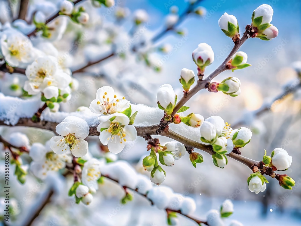 Twigs with Buds of Blossoming Fruit Trees in the Snow - Winter Nature Scene Twigs with Buds of Blossoming Fruit Trees in the Snow - Winter Nature Scene