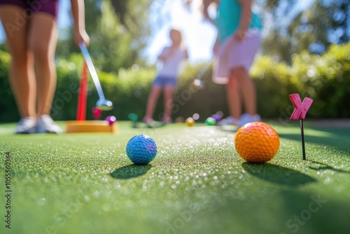 Friends Enjoying Mini Golf on a Sunny Day