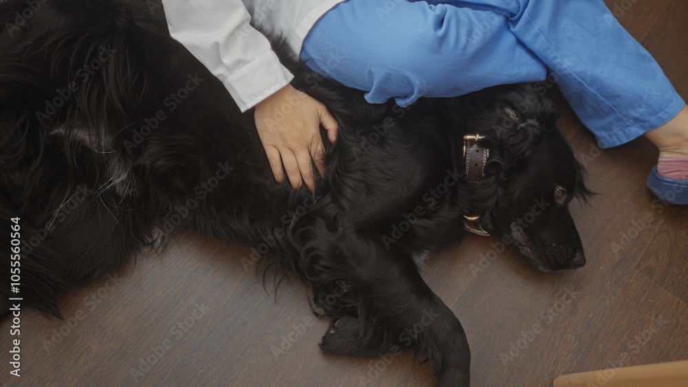 A woman in a veterinary clinic comforts a black labrador lying on the wooden floor. A woman in a veterinary clinic comforts a black labrador lying on the wooden floor.