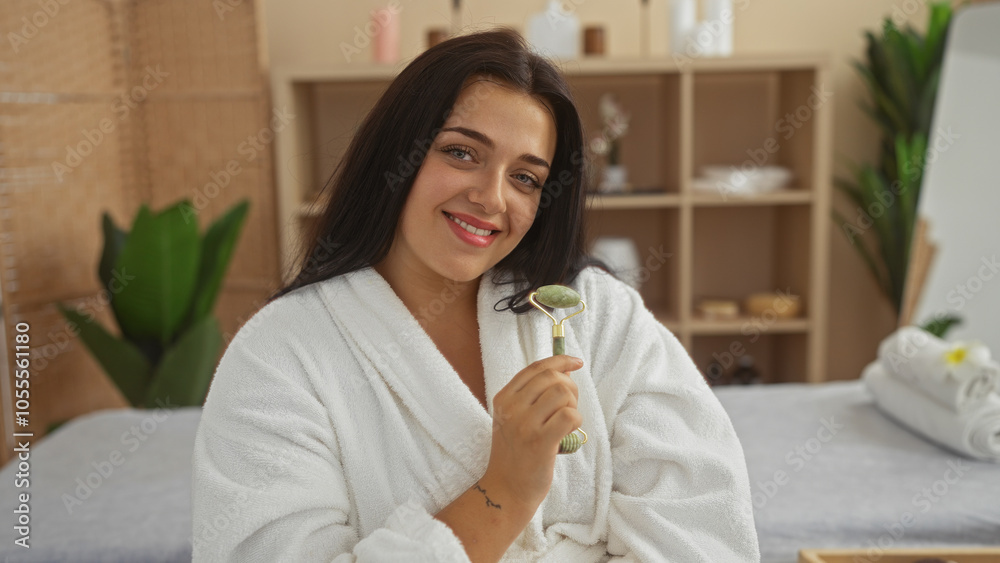Young woman in a spa wearing a white robe uses a jade roller for facial massage, with a relaxed and happy expression in an indoor beauty salon Young woman in a spa wearing a white robe uses a jade roller for facial massage, with a relaxed and happy expression in an indoor beauty salon