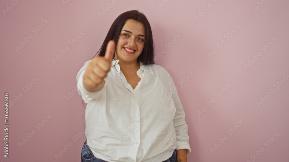 Young woman giving thumbs up in front of isolated pink background showing confidence and positivity Young woman giving thumbs up in front of isolated pink background showing confidence and positivity