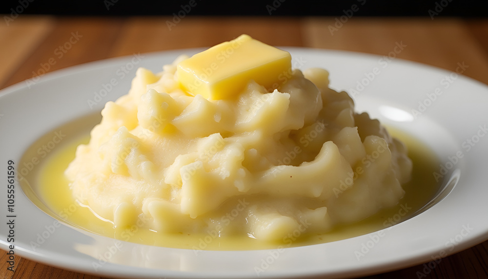 Mashed potatoes with butter on a plate, creamy texture, golden sauce
Mashed potatoes with butter on a plate, creamy texture, golden sauce