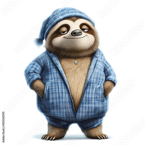 A cartoon sloth in pajamas and a nightcap on a white background.