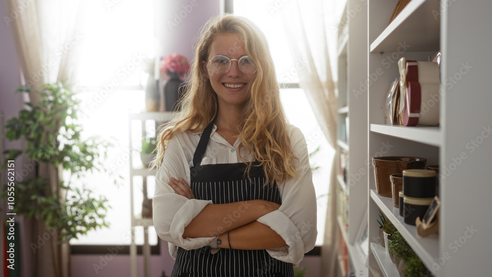 Blonde woman smiling with crossed arms in home decor store surrounded by indoor plants and decorative items Blonde woman smiling with crossed arms in home decor store surrounded by indoor plants and decorative items
