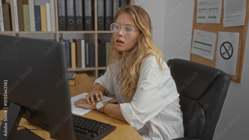 Young woman working in an office with a computer, surrounded by documents and shelves, looking focused and professional Young woman working in an office with a computer, surrounded by documents and shelves, looking focused and professional